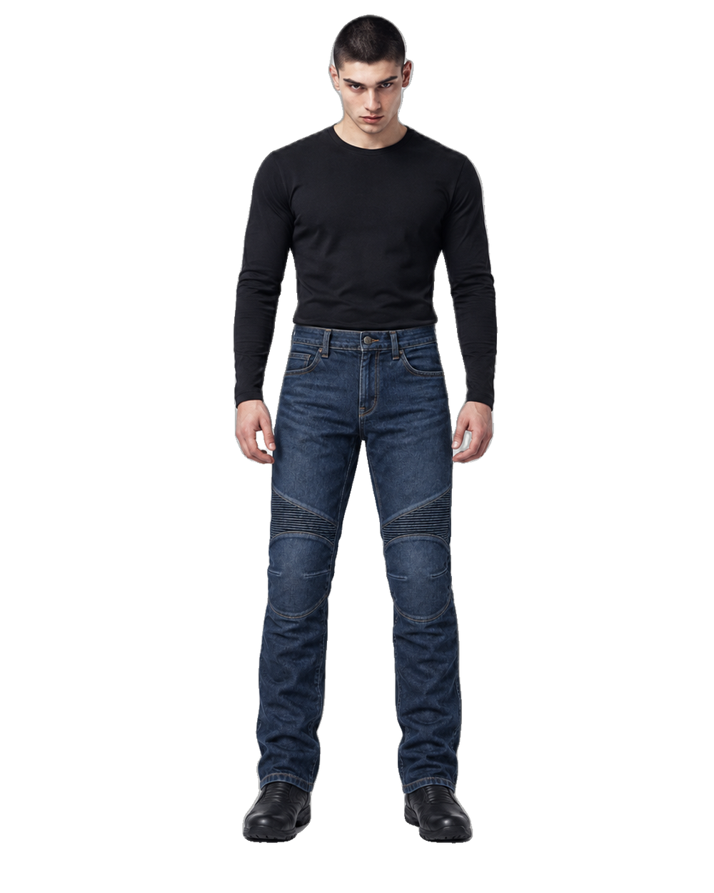 Blue Ridge Touring Armored Motorcycle Riding Jeans front view on male model on transparent background