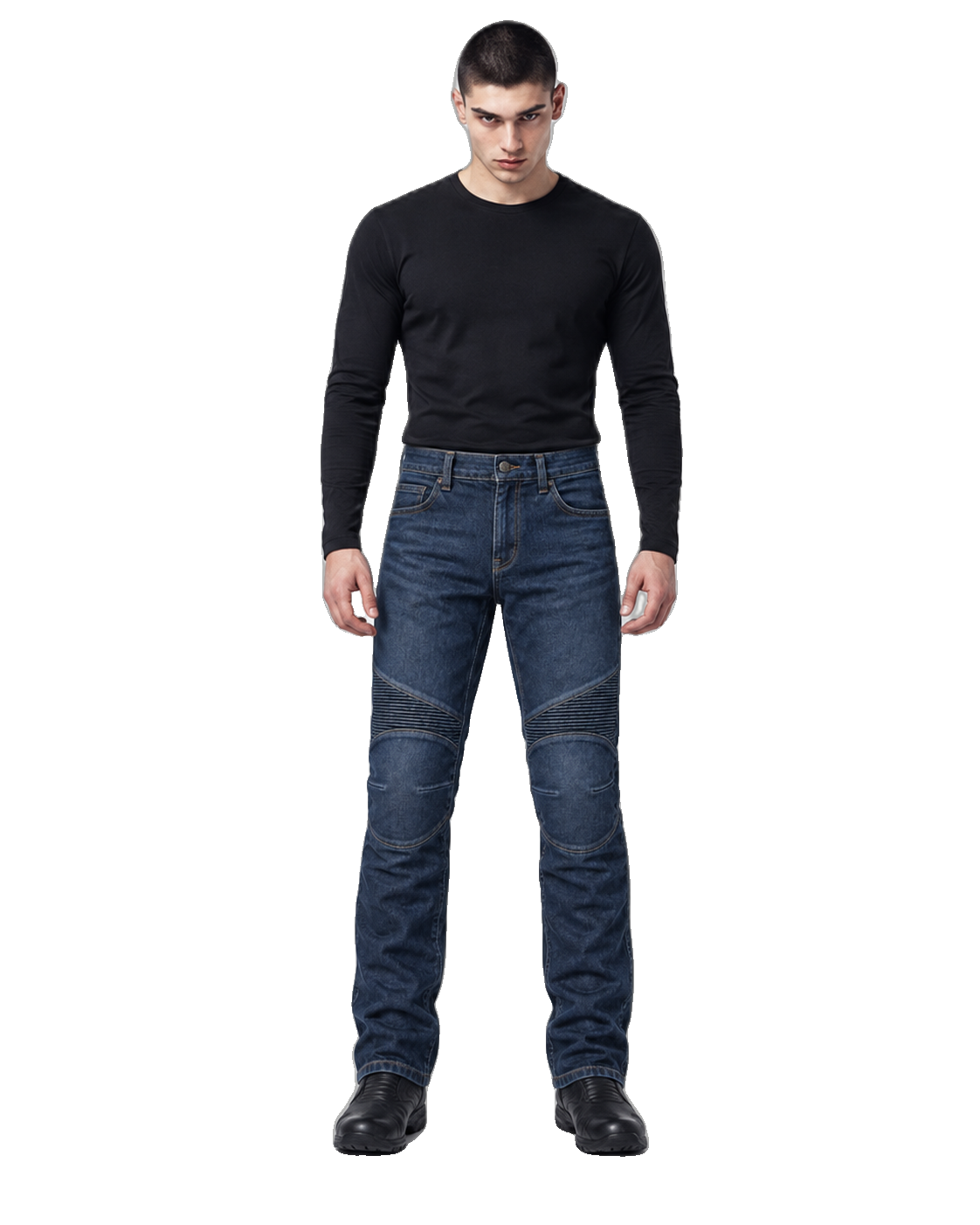 Blue Ridge Touring Armored Motorcycle Riding Jeans front view on male model on transparent background