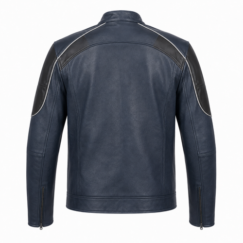Bluehour Street Navy Leather Motorcycle Jacket rear leather panel view