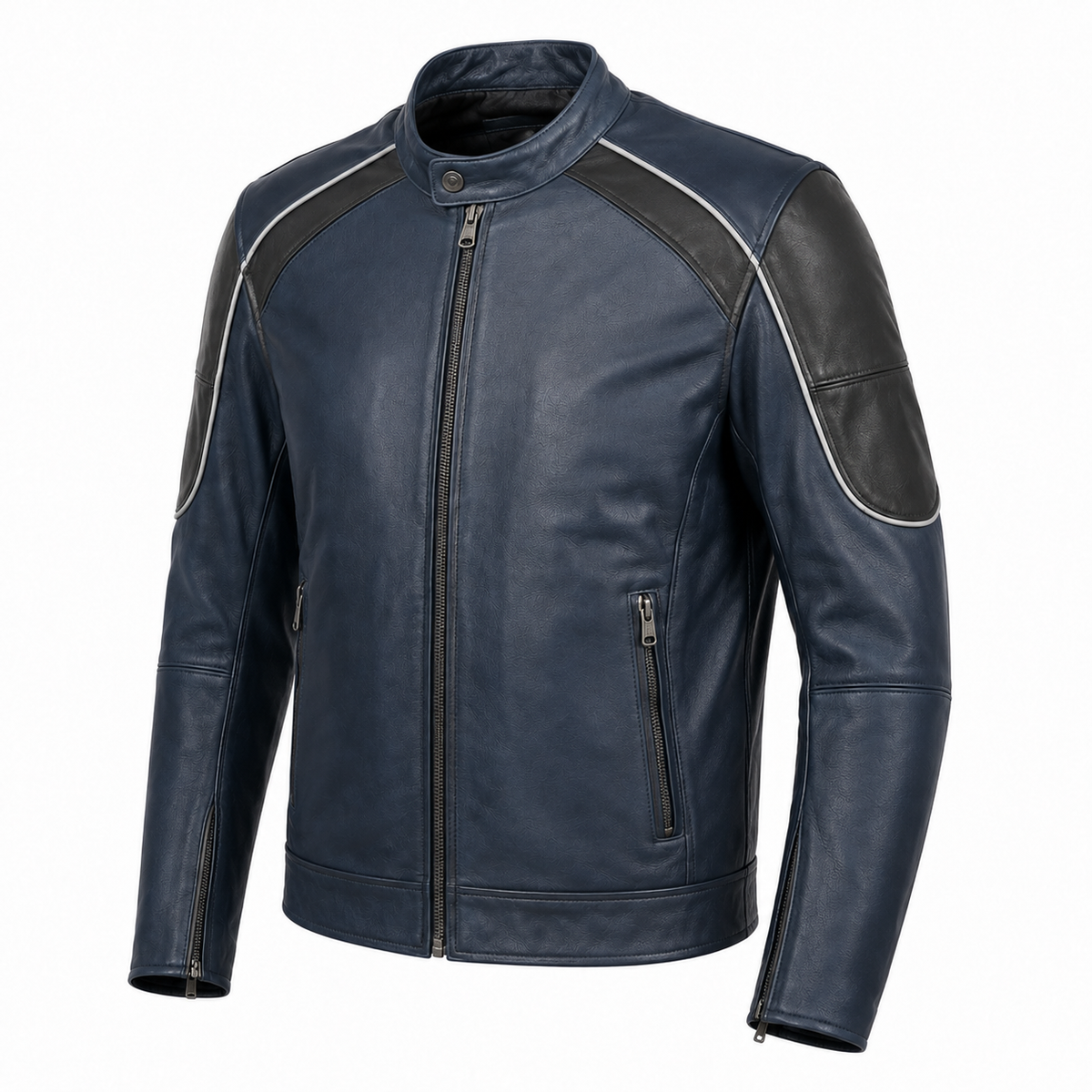 Bluehour Street Navy Leather Motorcycle Jacket three-quarter leather detail view
