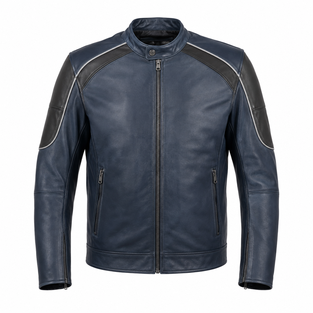 navy leather motorcycle jacket – Bluehour Street Navy Leather Motorcycle Jacket front view