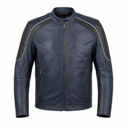 navy leather motorcycle jacket – Bluehour Street Navy Leather Motorcycle Jacket front view