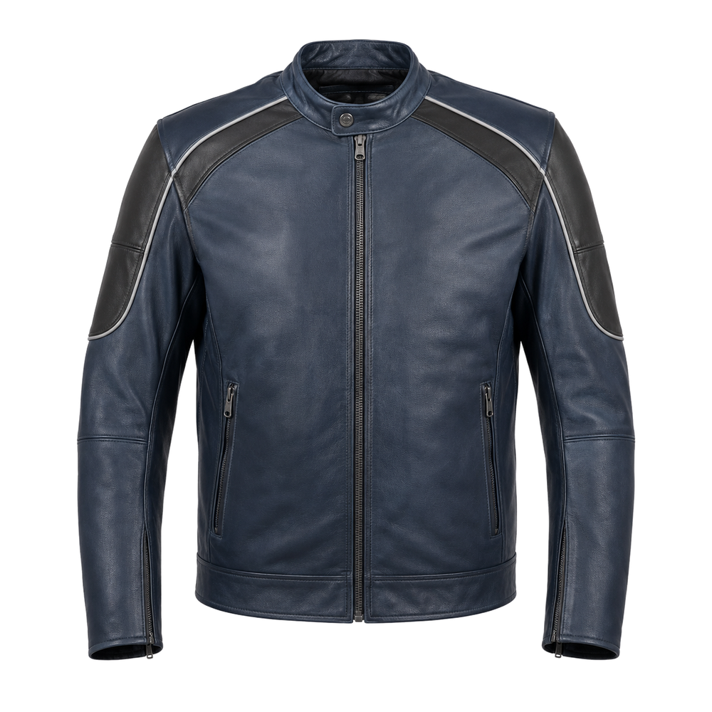 navy leather motorcycle jacket – Bluehour Street Navy Leather Motorcycle Jacket front view