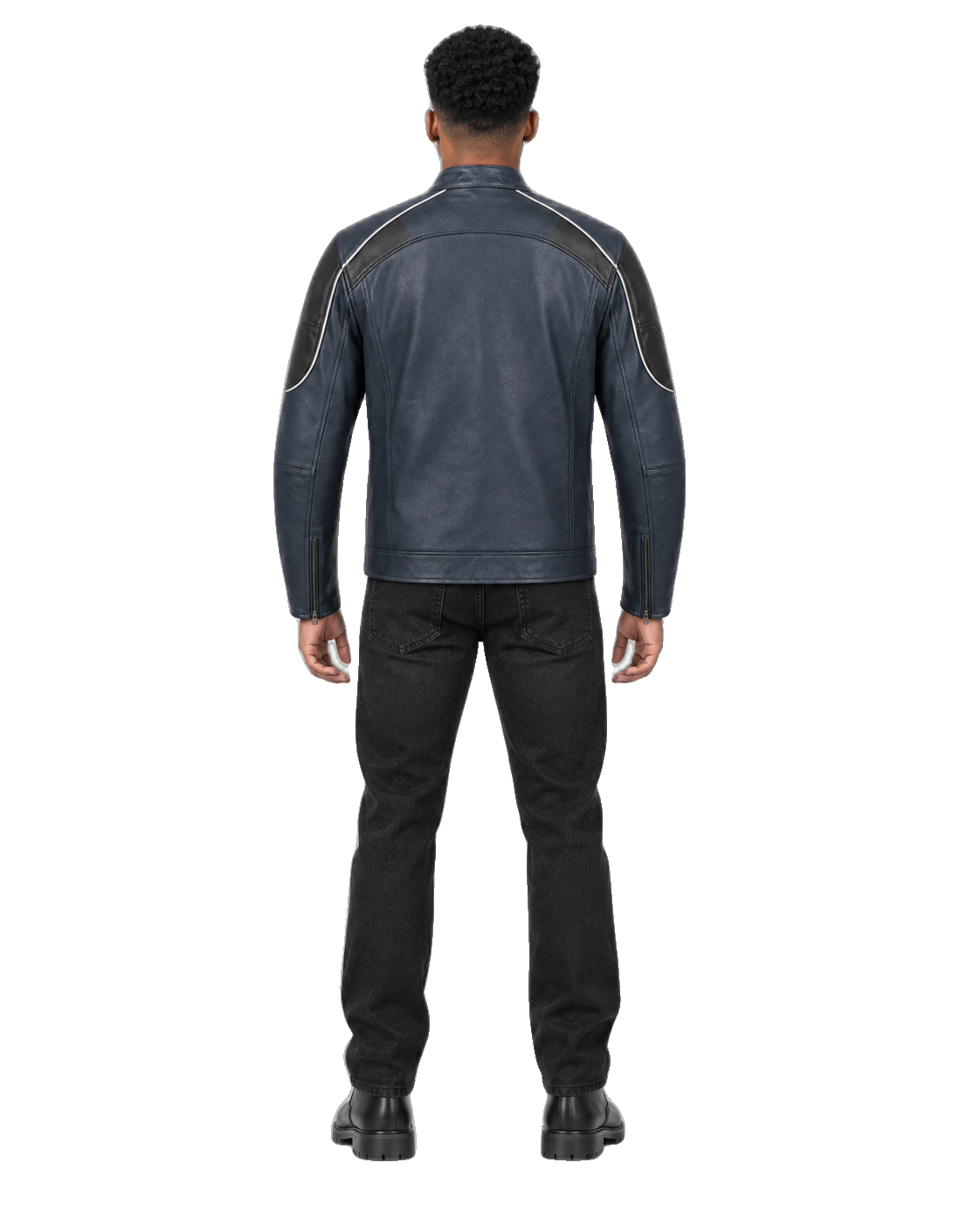 Bluehour Street Navy Leather Motorcycle Jacket back view on male model with transparent background
