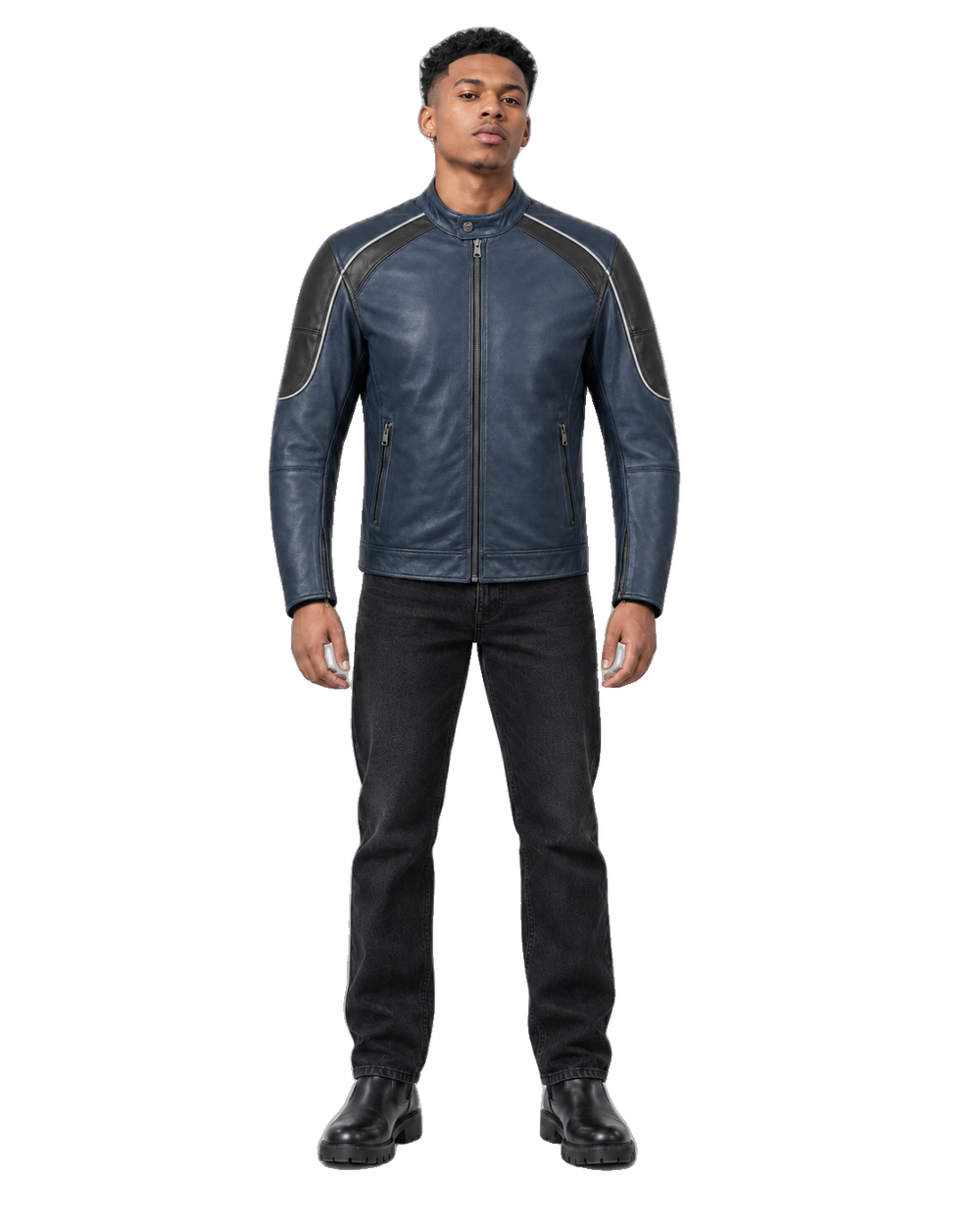 Bluehour Street Navy Leather Motorcycle Jacket front view on male model with transparent background