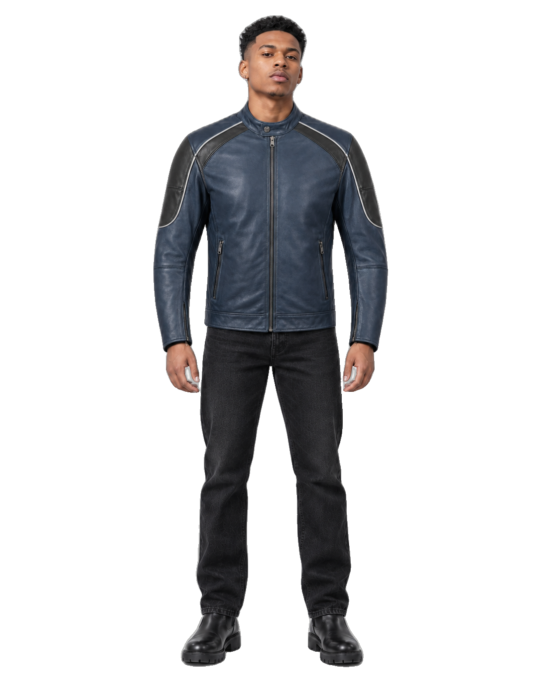 Bluehour Street Navy Leather Motorcycle Jacket front view on male model with transparent background