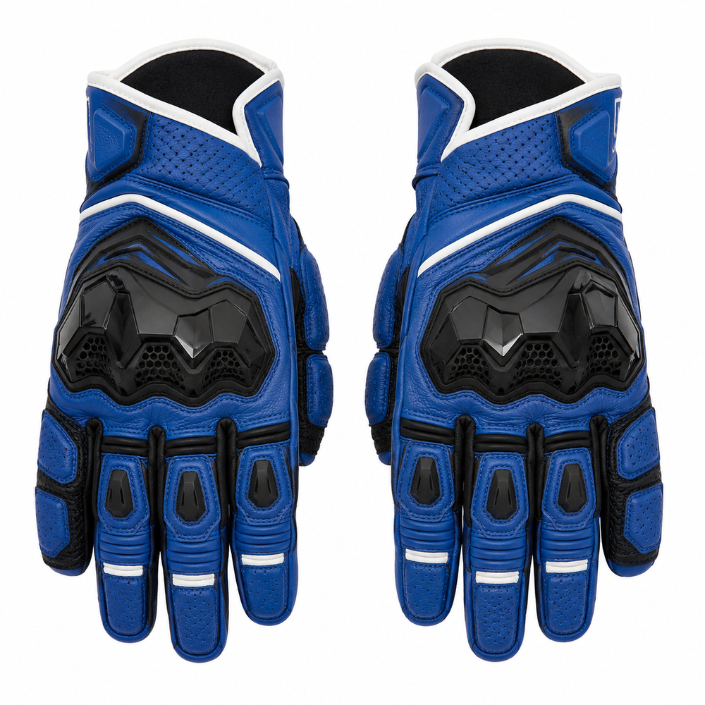 BlueQuarry cobalt black street motorcycle gloves — full pair hero view