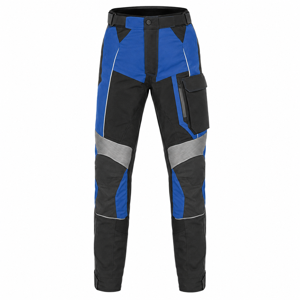 BlueRidge cobalt black waterproof textile motorcycle pants — full front catalog view