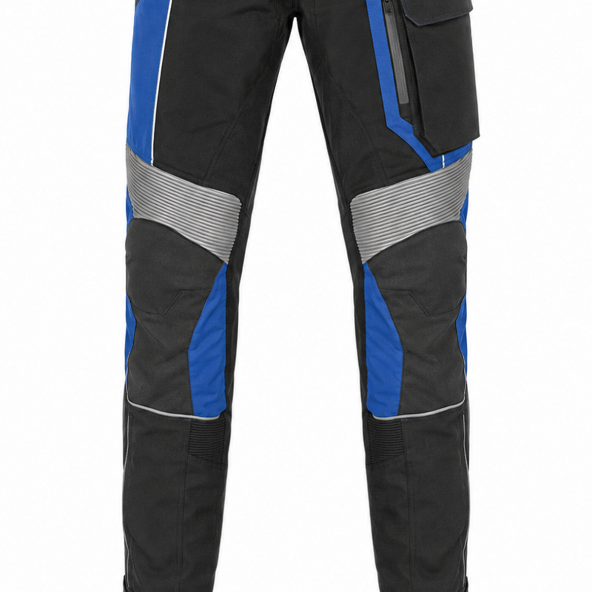 BlueRidge cobalt black waterproof textile motorcycle pants — knee, lower-leg and cuff detail