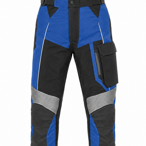 BlueRidge cobalt black waterproof textile motorcycle pants — waist, pocket and upper-panel detail