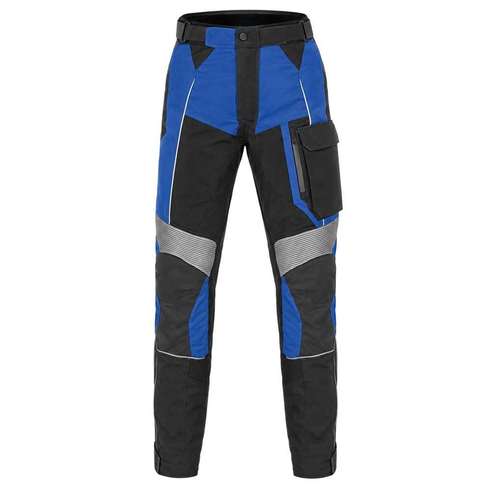 BlueRidge cobalt black waterproof textile motorcycle pants — full front catalog view
