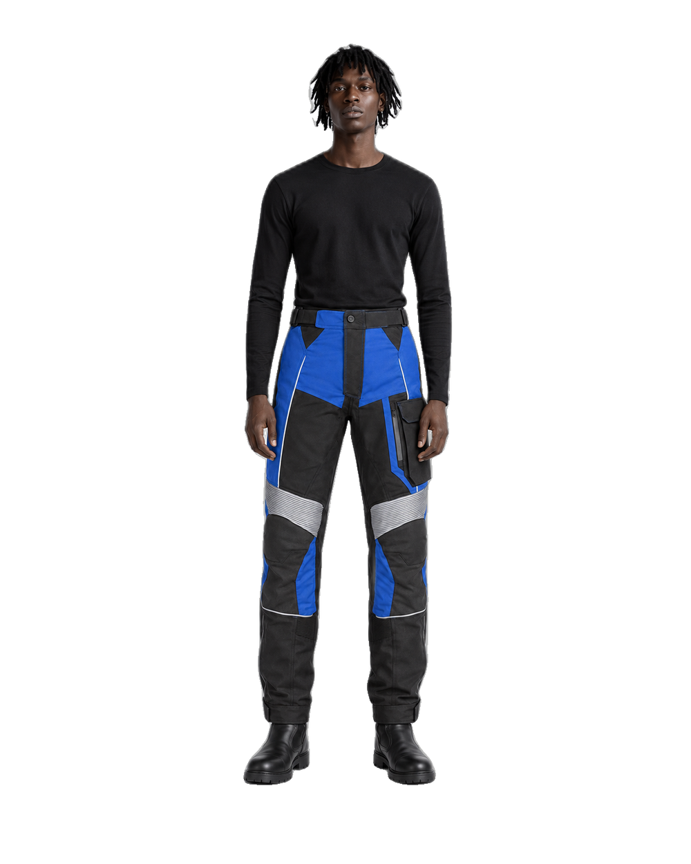 BlueRidge Cobalt Black Waterproof Textile Motorcycle Pants front view on male model on transparent background