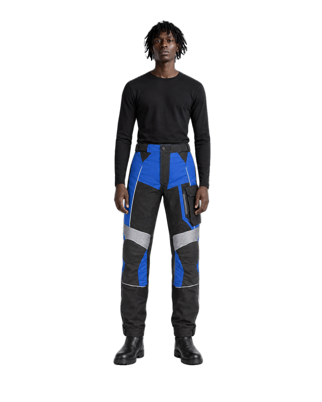 BlueRidge Cobalt Black Waterproof Textile Motorcycle Pants front view on male model on transparent background
