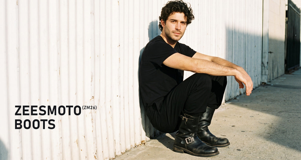 Man crouching against a white corrugated wall in black leather motorcycle boots — Zeesmoto ZM26 boots
