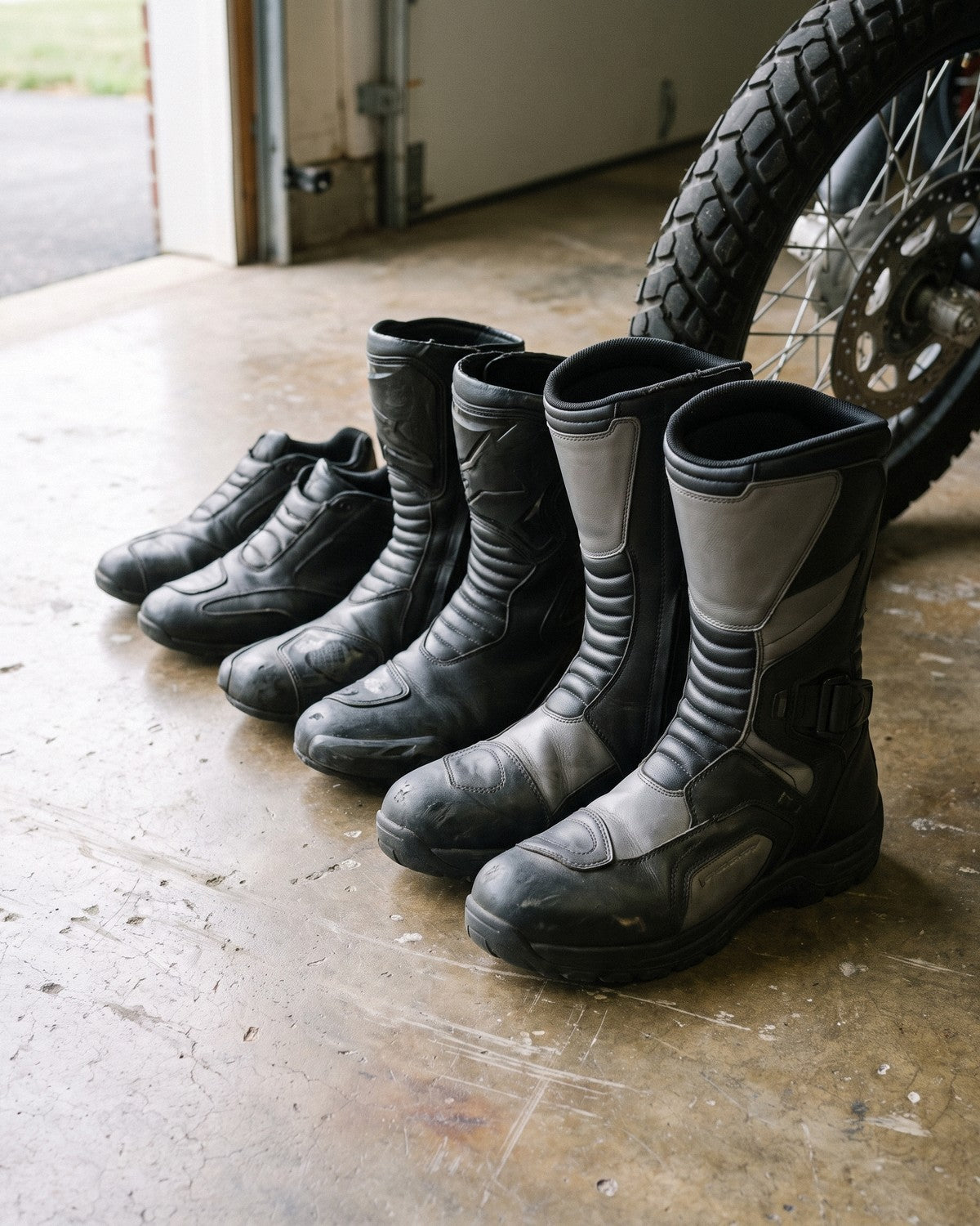 Three pairs of motorcycle boots lined up on a garage floor