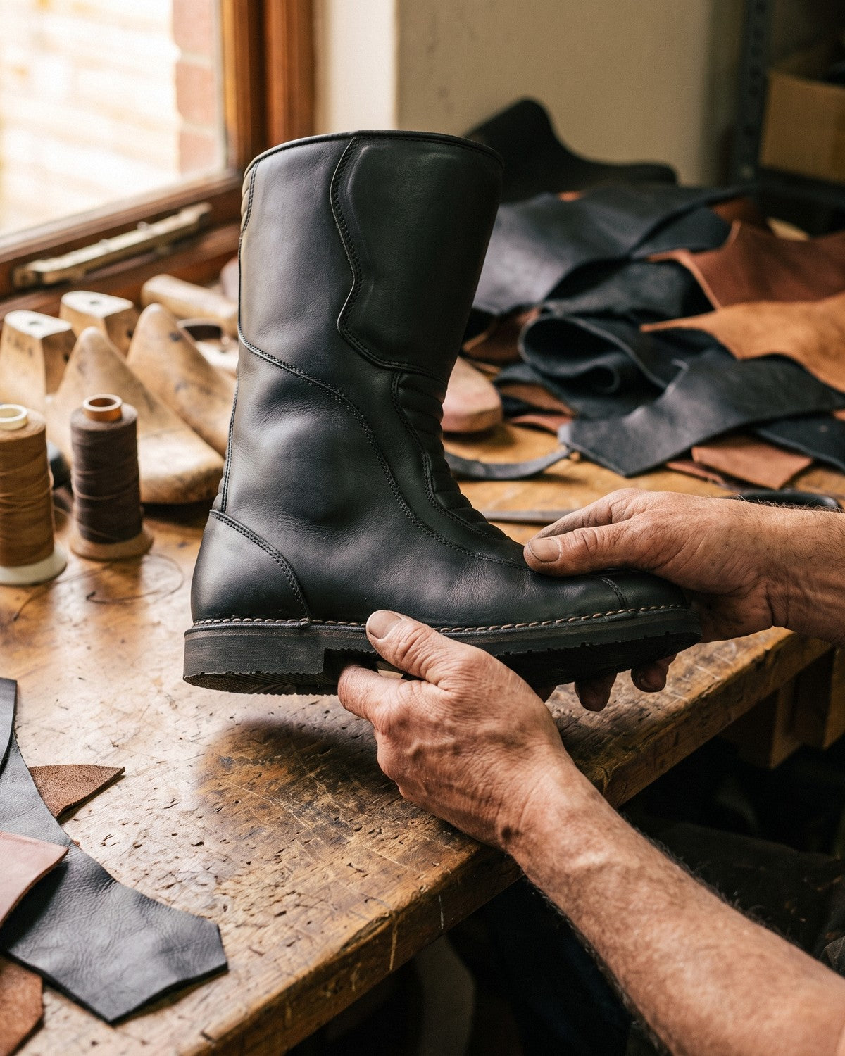 Bootmaker checking the stitched sole of a black leather motorcycle boot