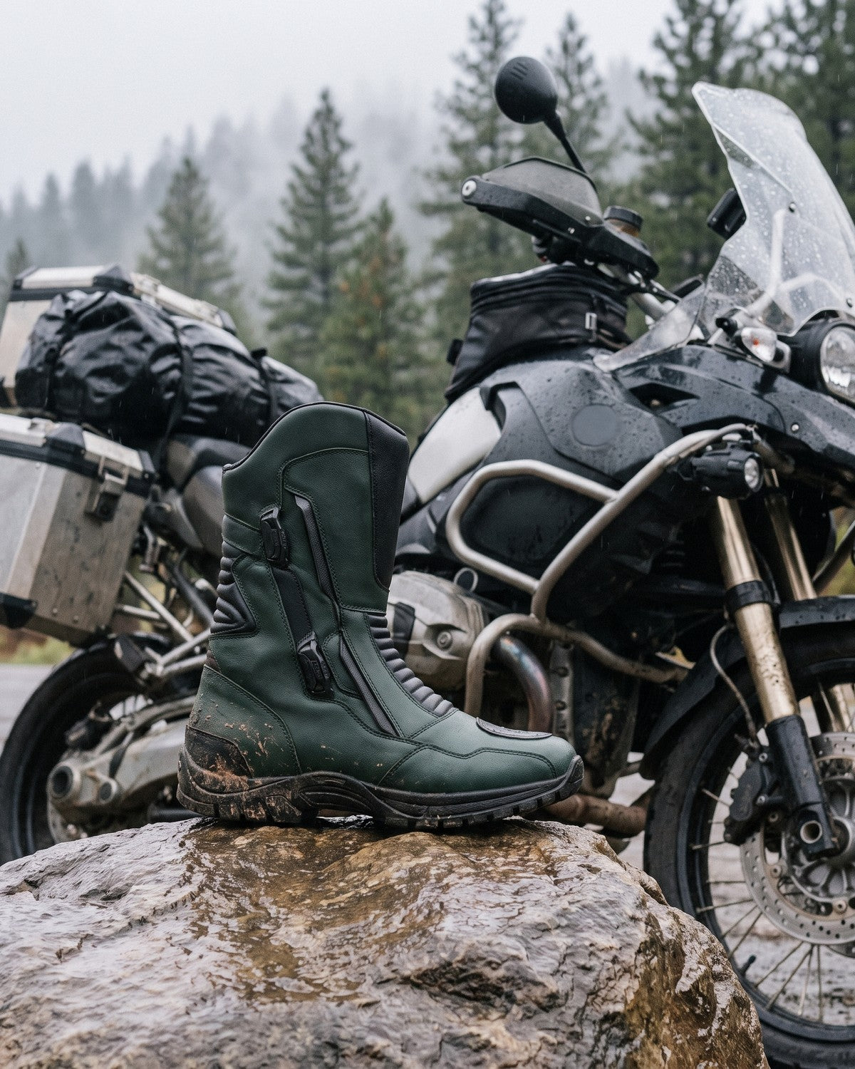 Tall black touring boot on a wet rock beside a loaded adventure motorcycle