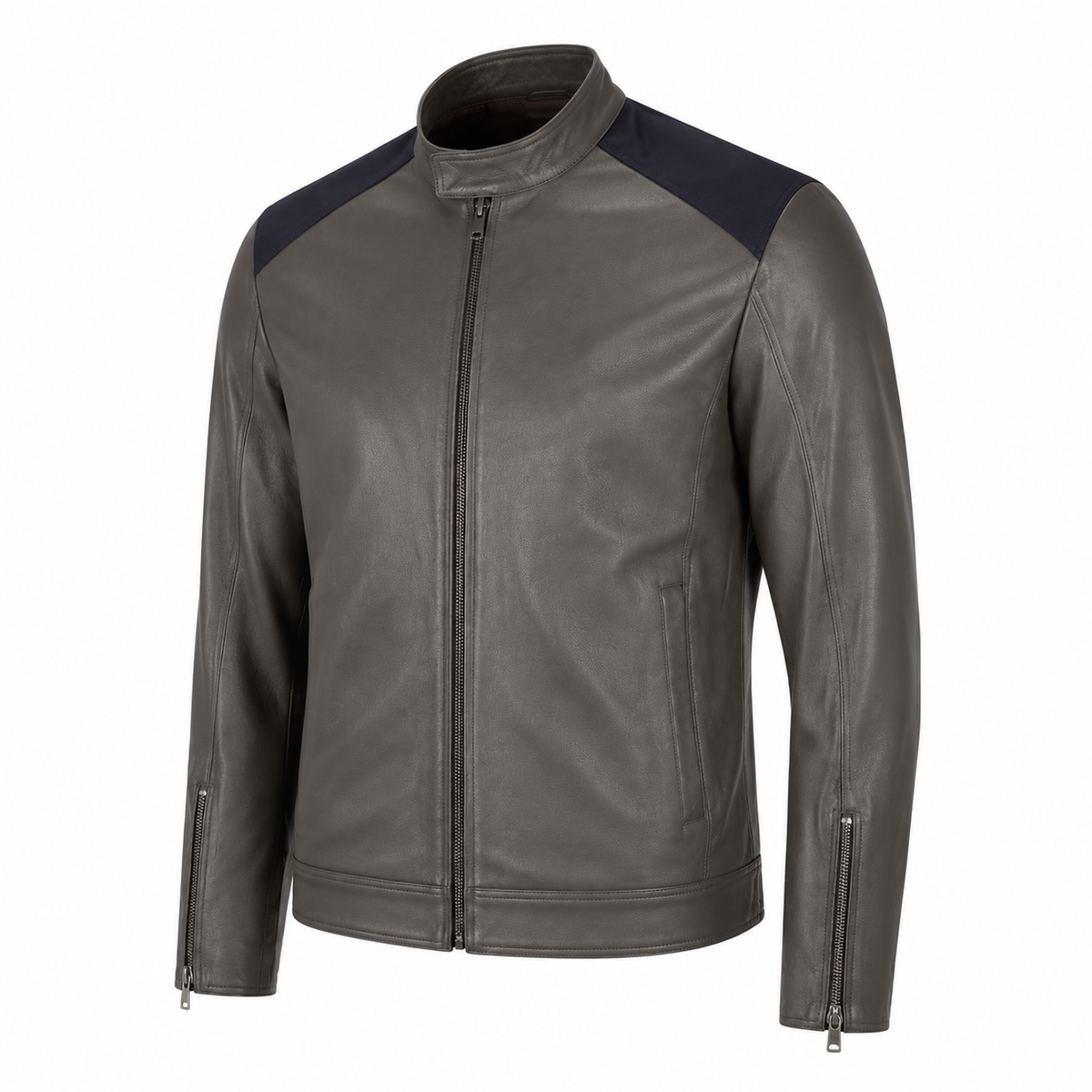 Borough Slate Gray Commuter Leather Jacket three-quarter leather detail view