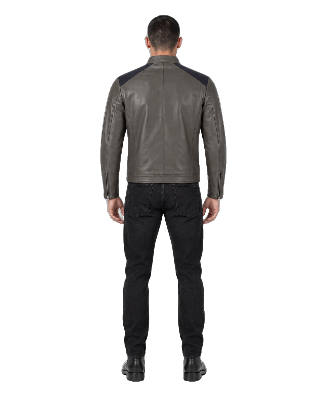 Borough Slate Gray Commuter Leather Jacket back view on male model with transparent background