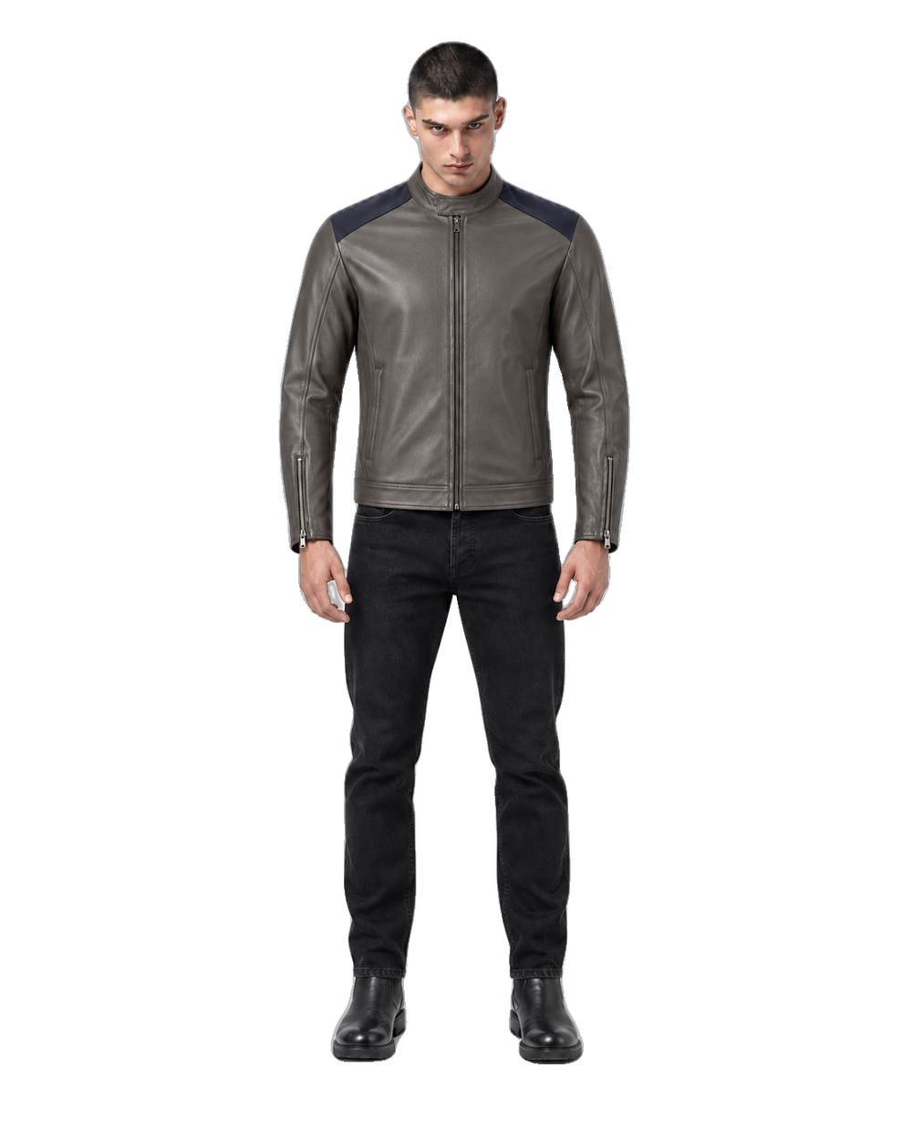 Borough Slate Gray Commuter Leather Jacket front view on male model with transparent background