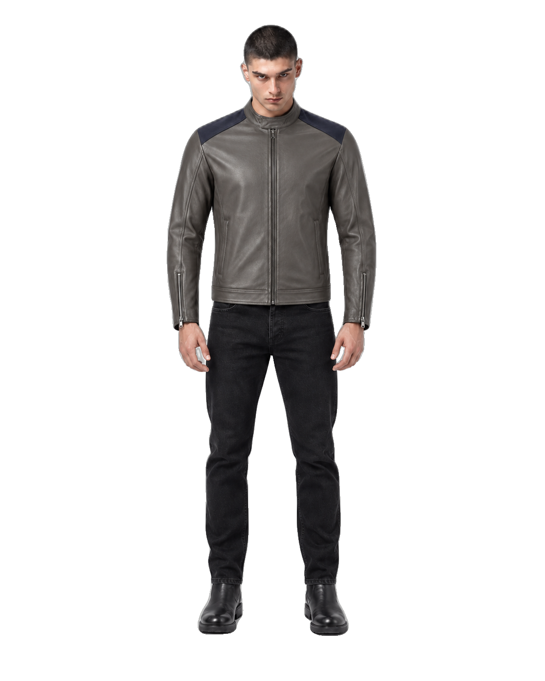 Borough Slate Gray Commuter Leather Jacket front view on male model with transparent background