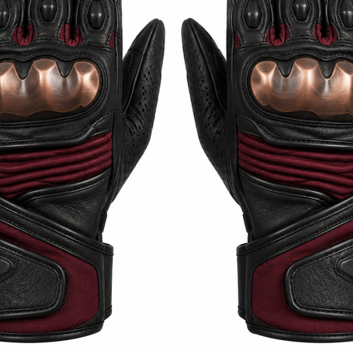 BronzeNova black maroon street motorcycle gloves — cuff and backhand construction detail