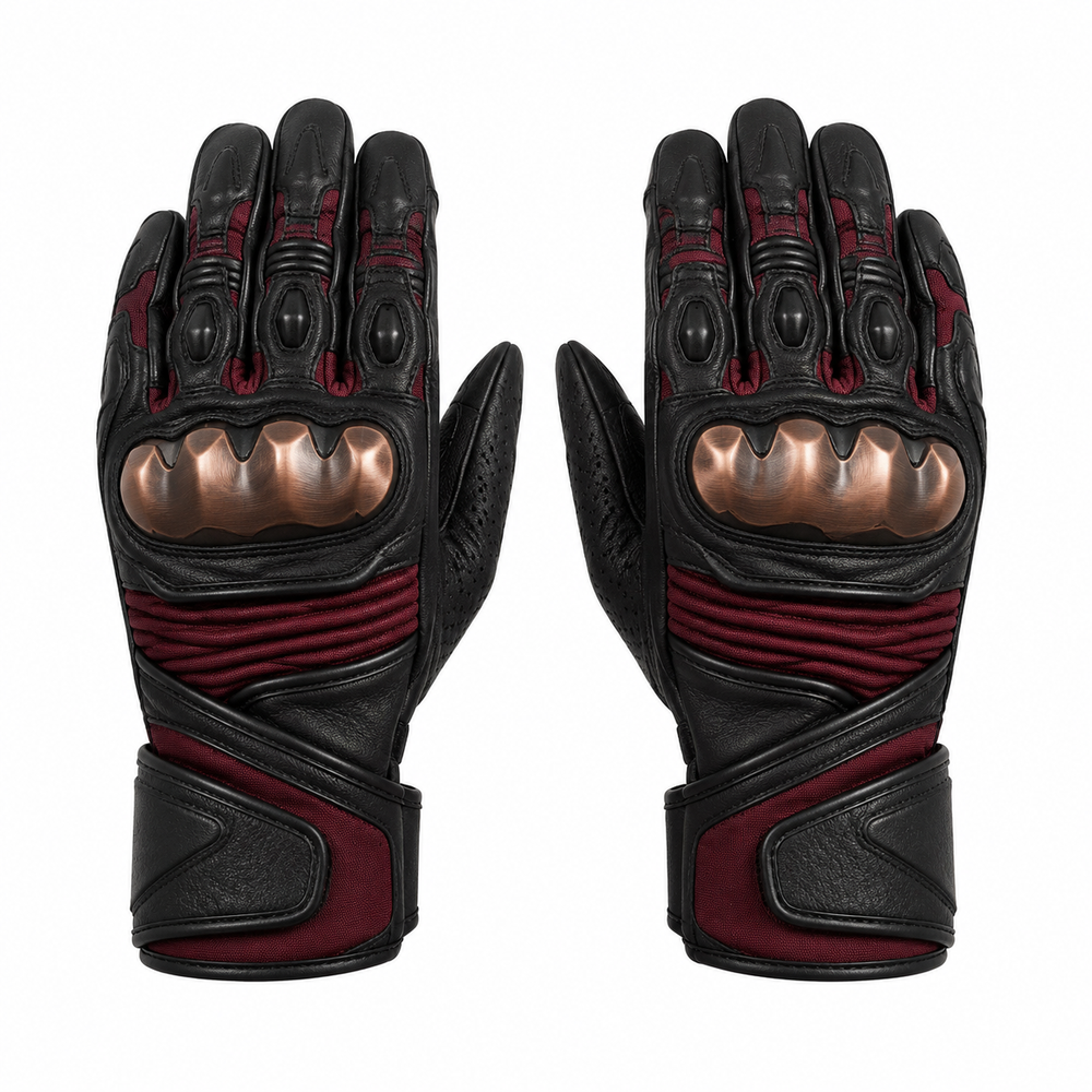 BronzeNova black maroon street motorcycle gloves — full pair hero view