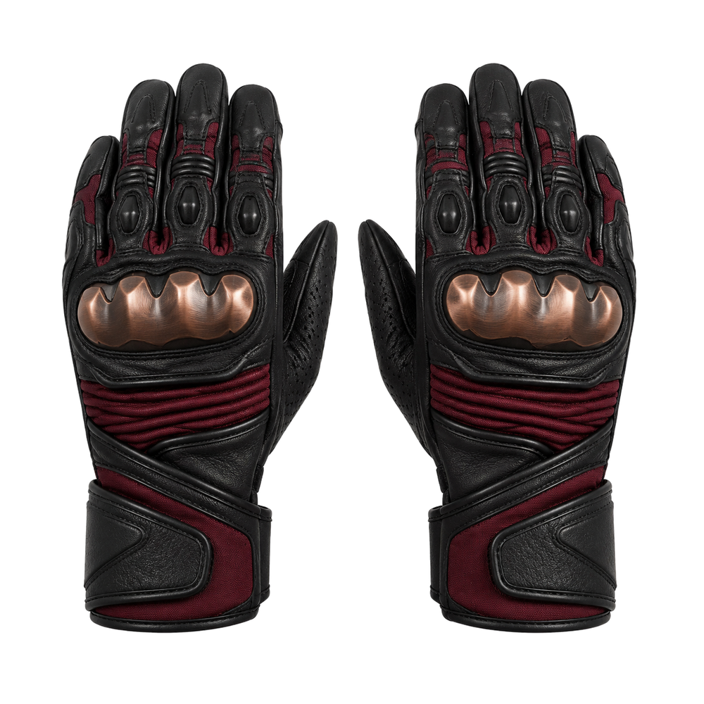 BronzeNova black maroon street motorcycle gloves — full pair hero view