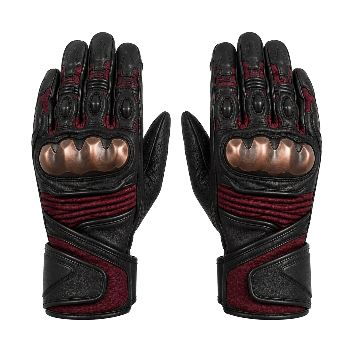 BronzeNova black maroon street motorcycle gloves — full pair hero view