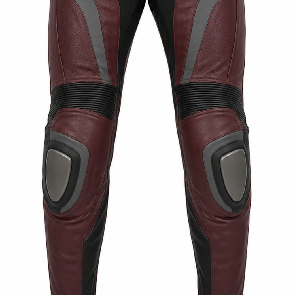 Burgundy Apex Leather Motorcycle Racing Pants knee panels leather and stitching detail