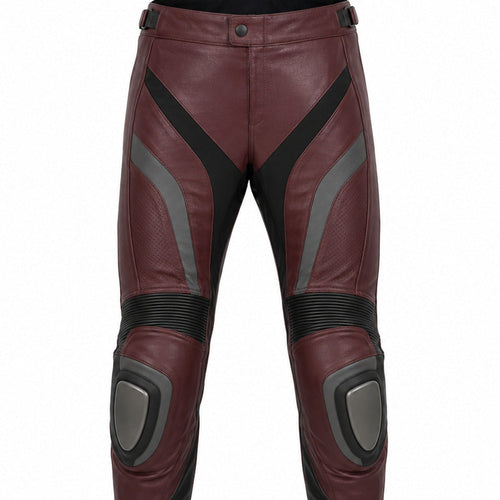 Burgundy Apex Leather Motorcycle Racing Pants waist and upper construction detail