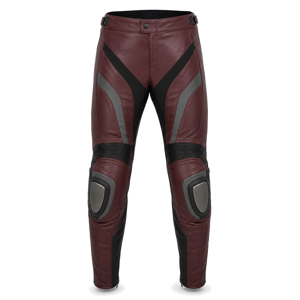 Burgundy Apex original burgundy leather motorcycle pants front view
