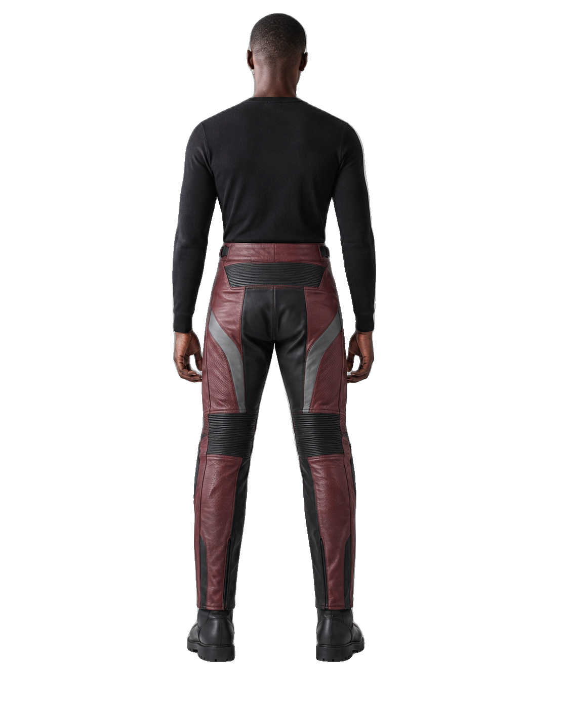 Burgundy Apex Leather Motorcycle Racing Pants back view on male model transparent background