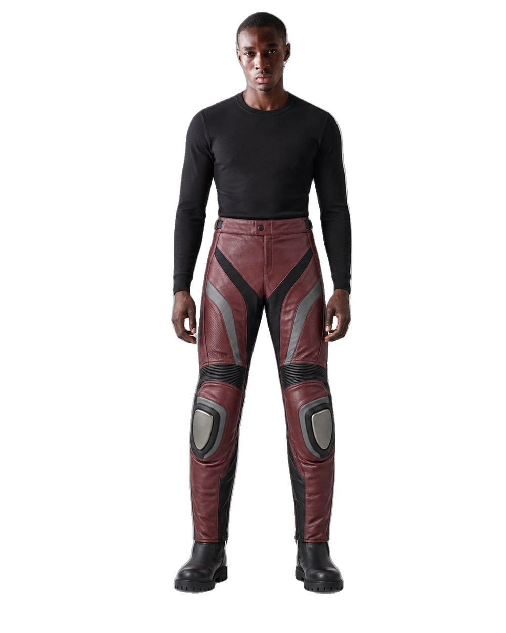 Burgundy Apex Leather Motorcycle Racing Pants front view on male model transparent background