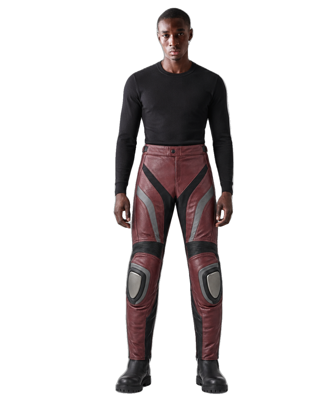 Burgundy Apex Leather Motorcycle Racing Pants front view on male model transparent background