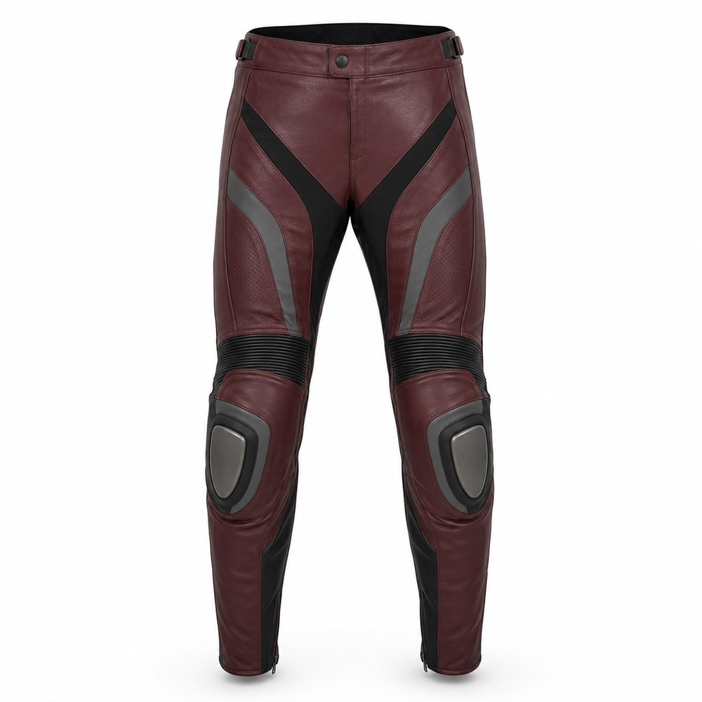 Burgundy Apex original burgundy leather motorcycle pants front view