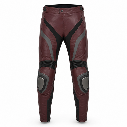 Burgundy Apex original burgundy leather motorcycle pants front view