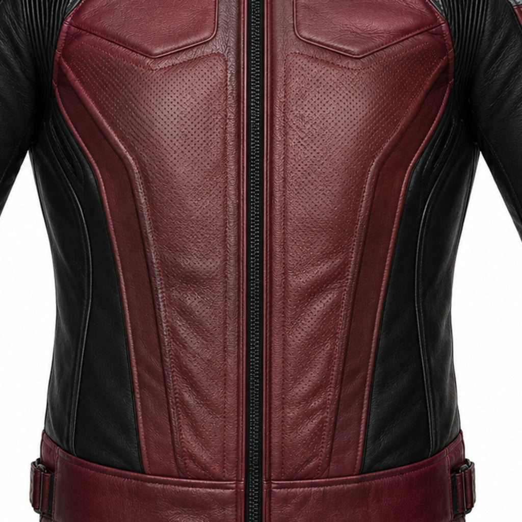 Burgundy Apex R Leather Motorcycle Racing Jacket leather panels stitching and hardware detail