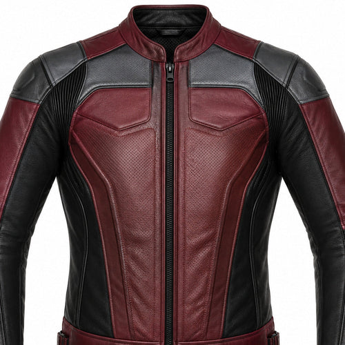 Burgundy Apex R Leather Motorcycle Racing Jacket upper construction detail
