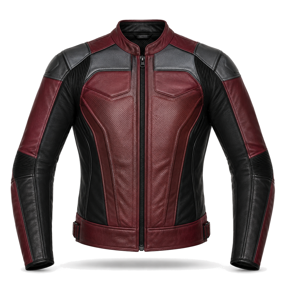 Burgundy Apex R original burgundy leather motorcycle jacket front view