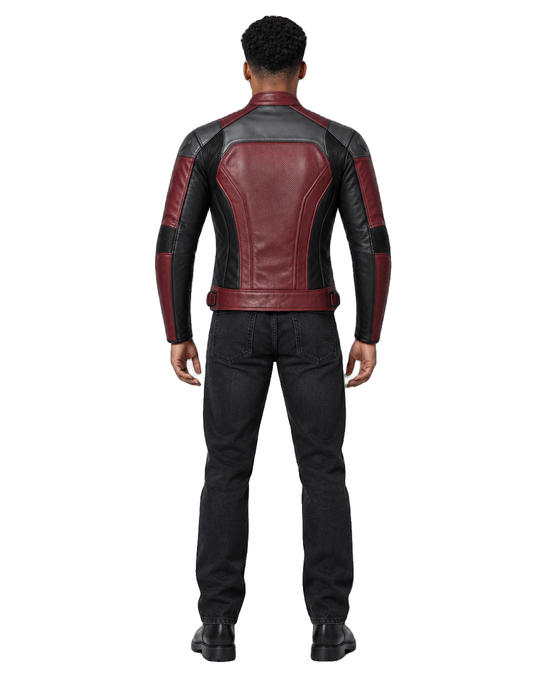 Burgundy Apex R Leather Motorcycle Racing Jacket back view on male model with transparent background