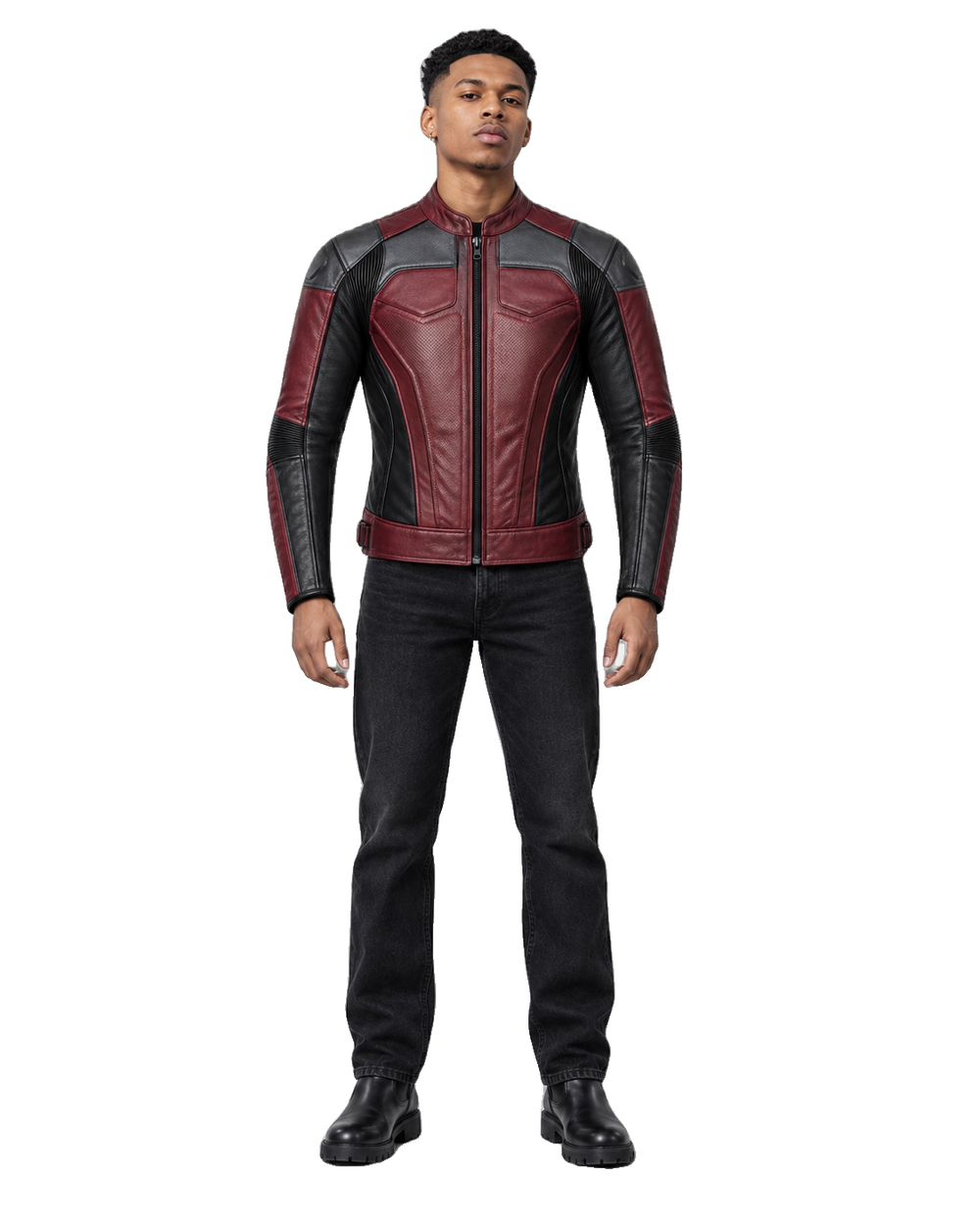 Burgundy Apex R Leather Motorcycle Racing Jacket front view on male model with transparent background
