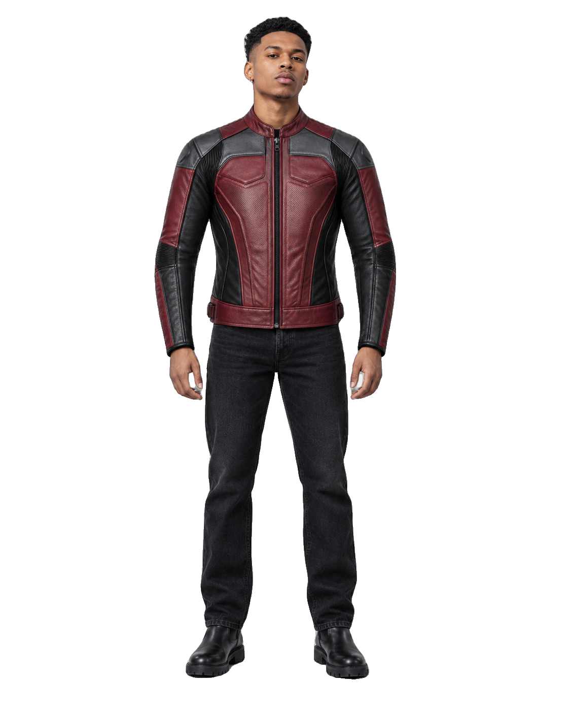 Burgundy Apex R Leather Motorcycle Racing Jacket front view on male model with transparent background