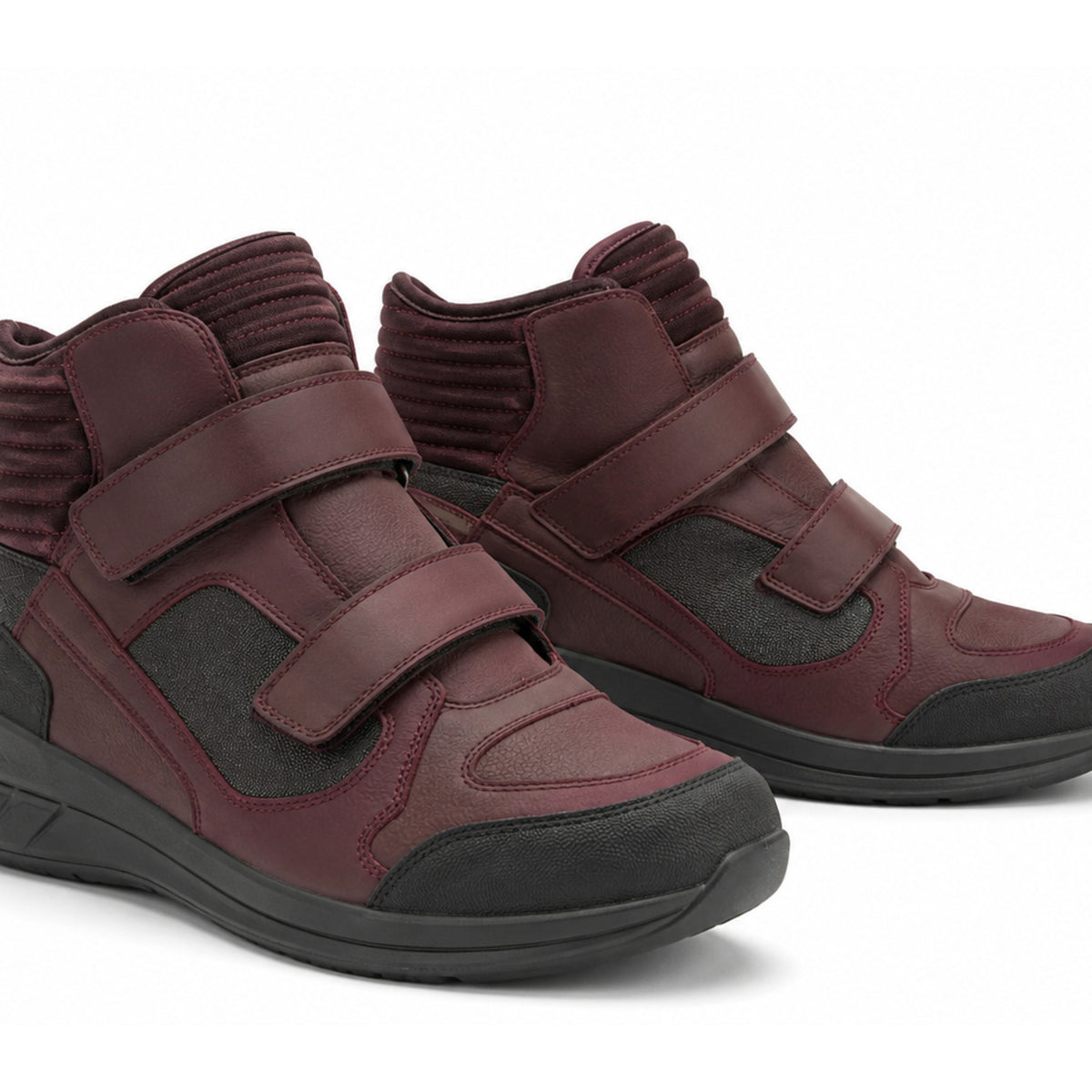 Burgundy Circuit Dual-Strap Motorcycle Riding Shoes – upper closure detail in Deep Burgundy / Charcoal