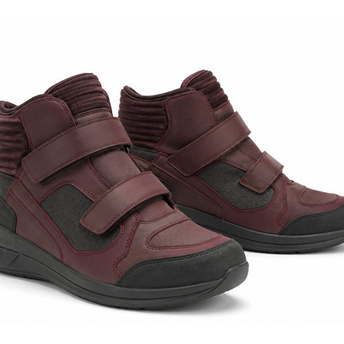 Burgundy Circuit Dual-Strap Motorcycle Riding Shoes – upper closure detail in Deep Burgundy / Charcoal