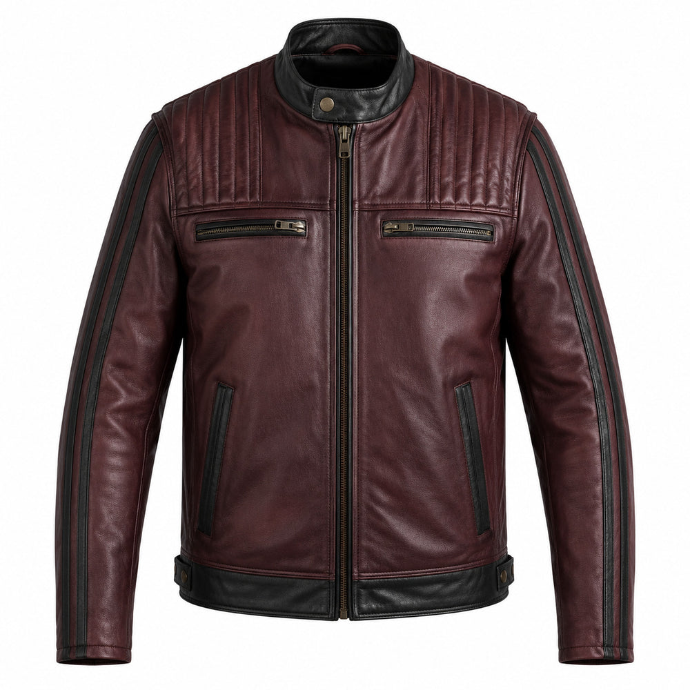 Burgundy Forge classic cruiser leather motorcycle jacket front hero view