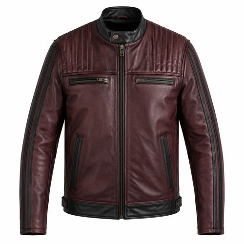Burgundy Forge classic cruiser leather motorcycle jacket front hero view