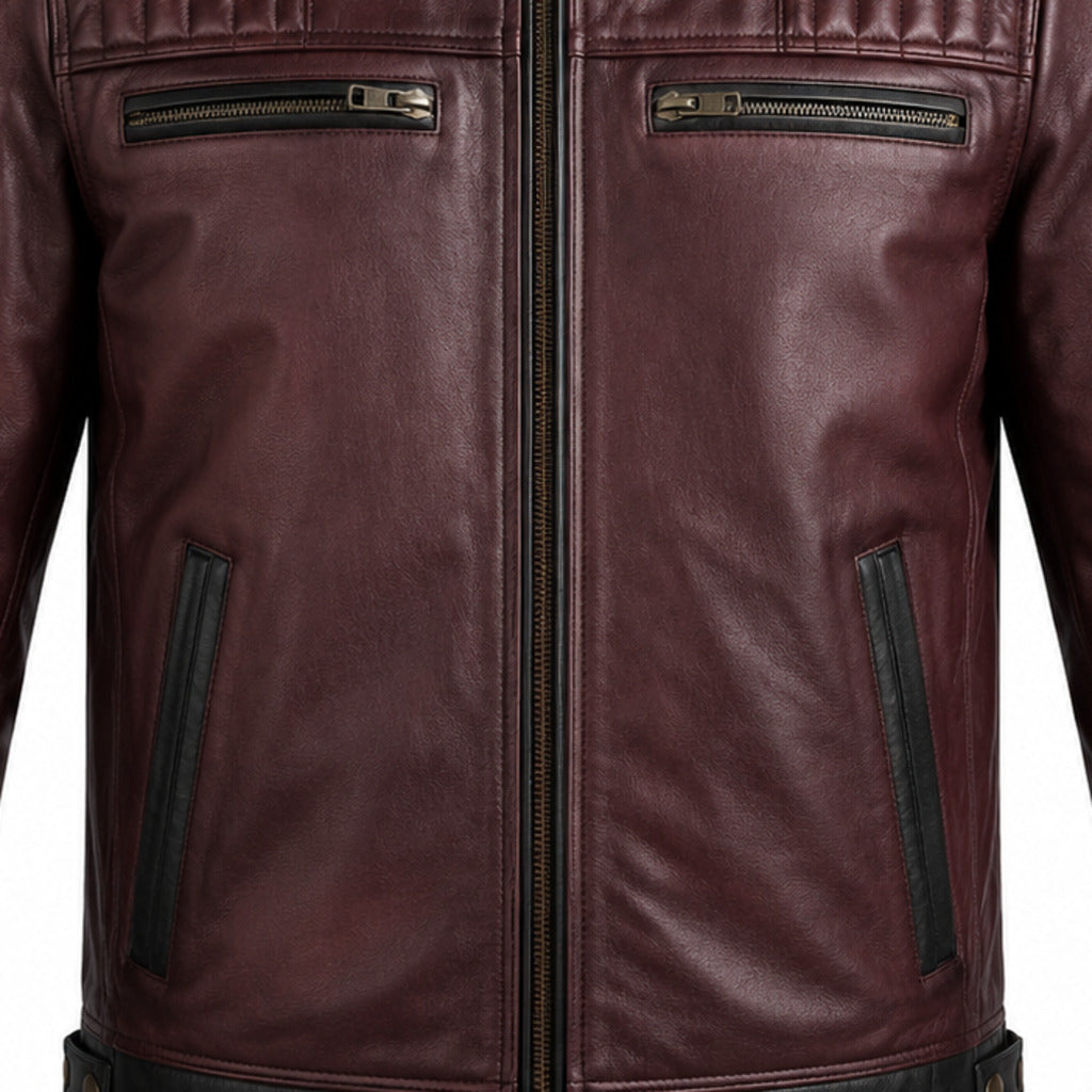 Burgundy Forge classic cruiser leather motorcycle jacket leather and hardware detail