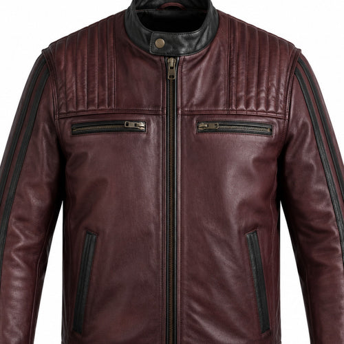 Burgundy Forge classic cruiser leather motorcycle jacket upper construction detail