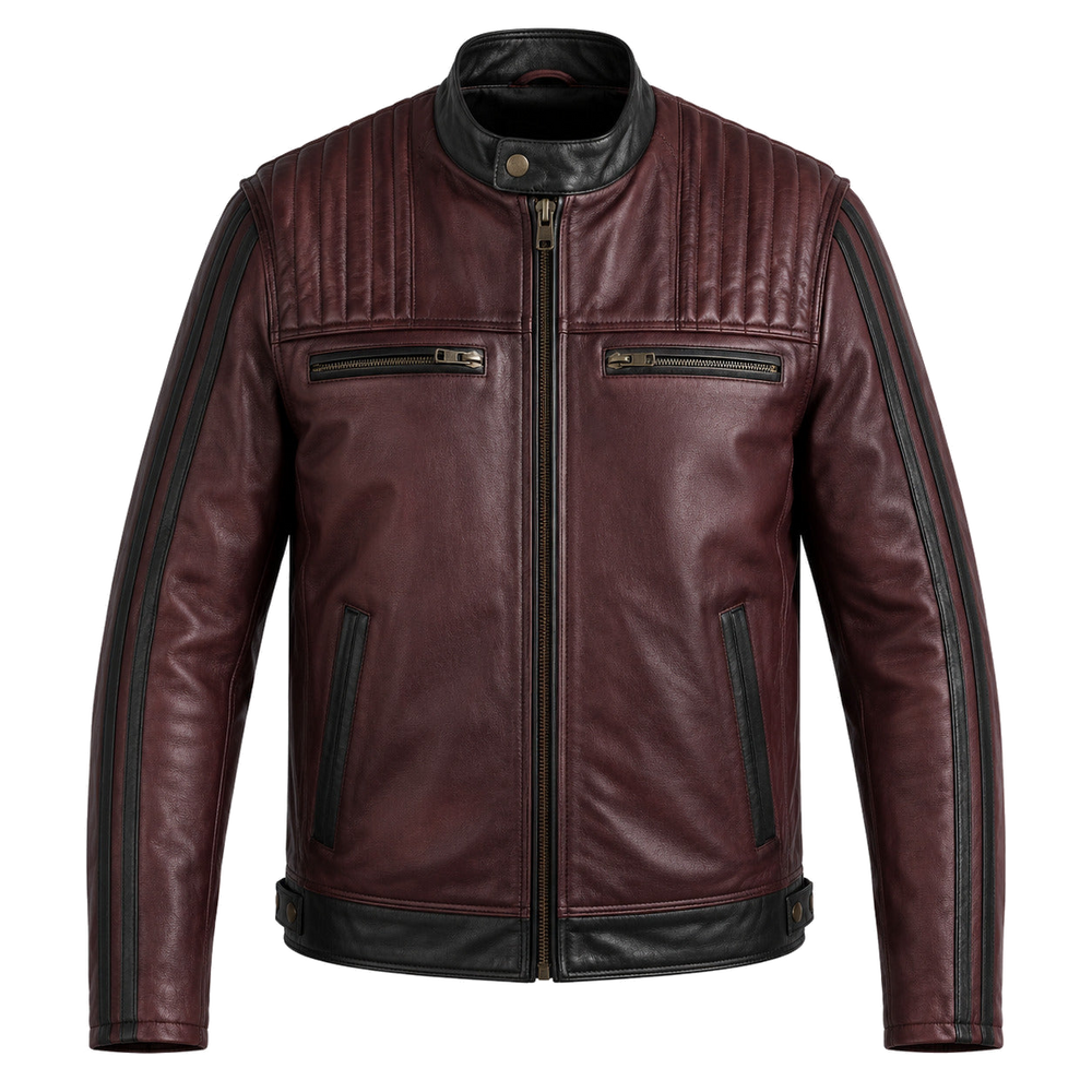 Burgundy Forge classic cruiser leather motorcycle jacket front hero view